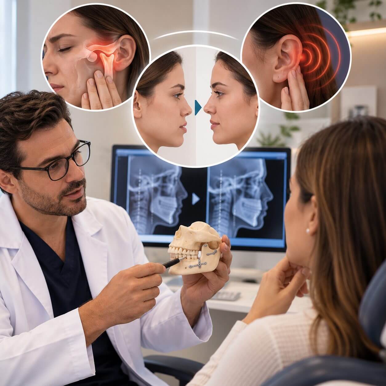 Dentista da Silveira Odontologia em Franca explica a cirurgia ortognática com modelo de crânio e ilustrações de alívio da dor na ATM.