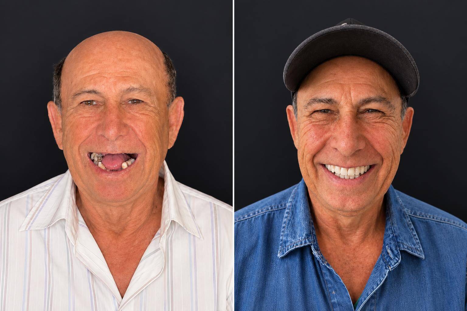 Antes e depois: senhor sorrindo sem dentes superiores e, em seguida, com prótese dentária completa na Clínica Silveira em Franca.