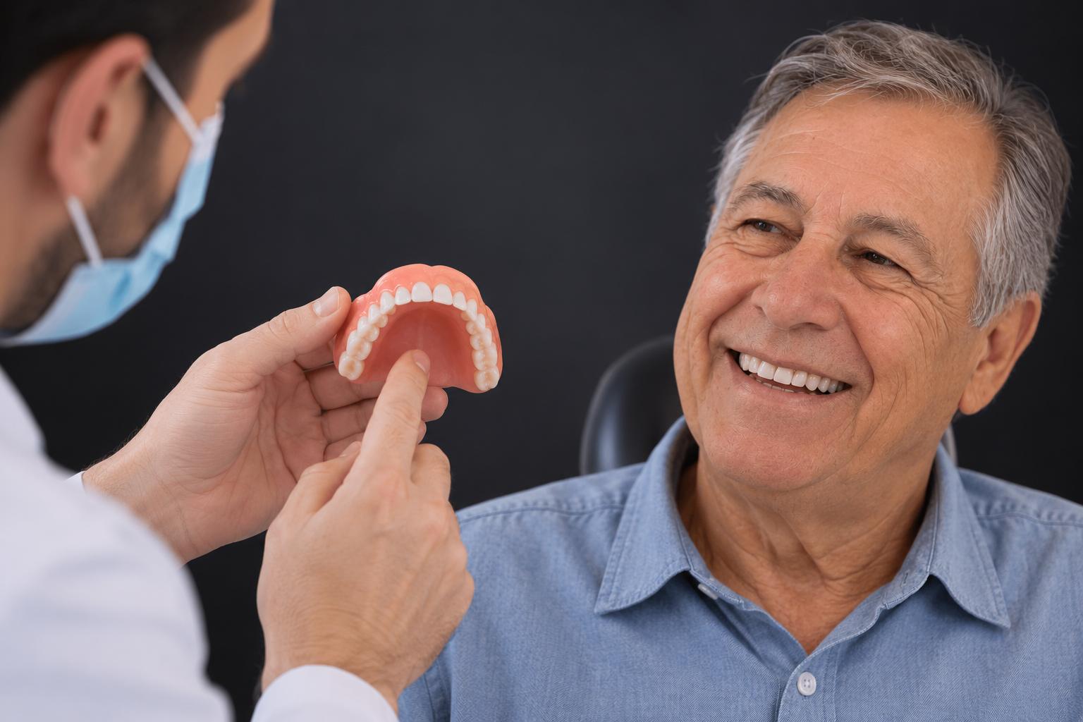 Dentista apresenta nova prótese dentária superior a um paciente idoso sorridente na Clínica Silveira Odontologia em Franca, SP.